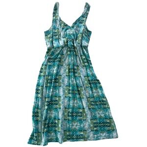 New Directions Teal Green Geometric Print V-Neck Midi Dress Womens Size M